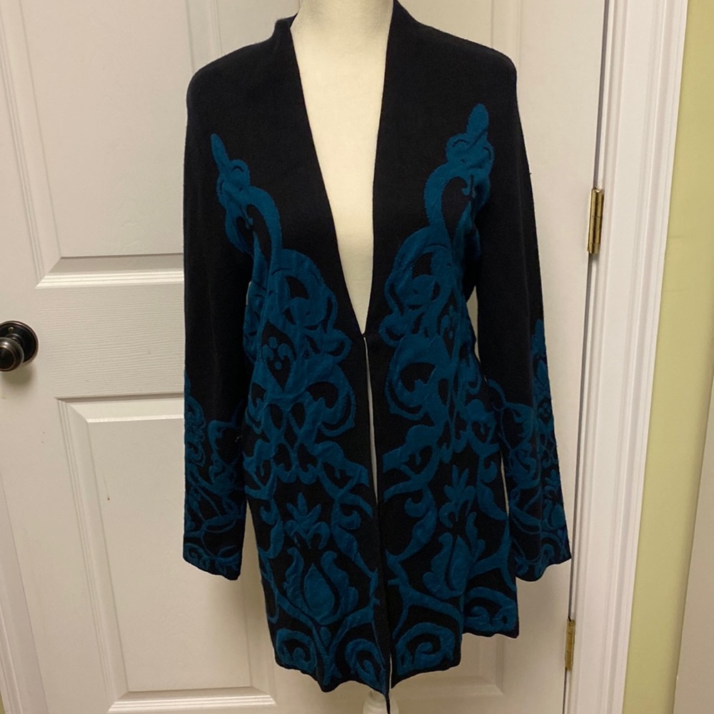 Stunning black and teal sweater cardigan. Chico’s. Size XS